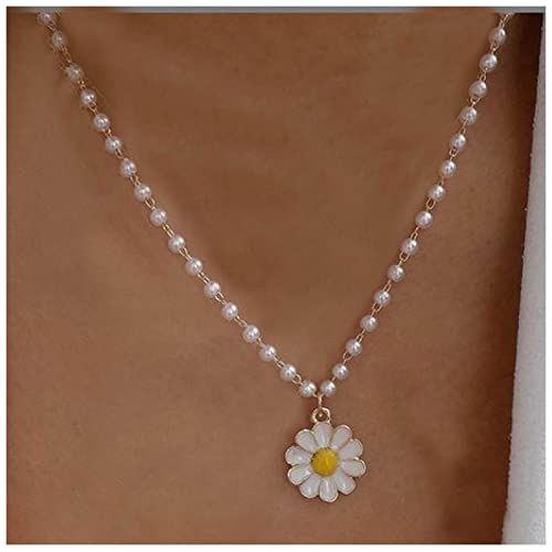 Allereya Collar con colgante de flor Allereya collar de margaritas blancas collar de perlas collar de flores doradas joyería para mujeres y niñas regalos